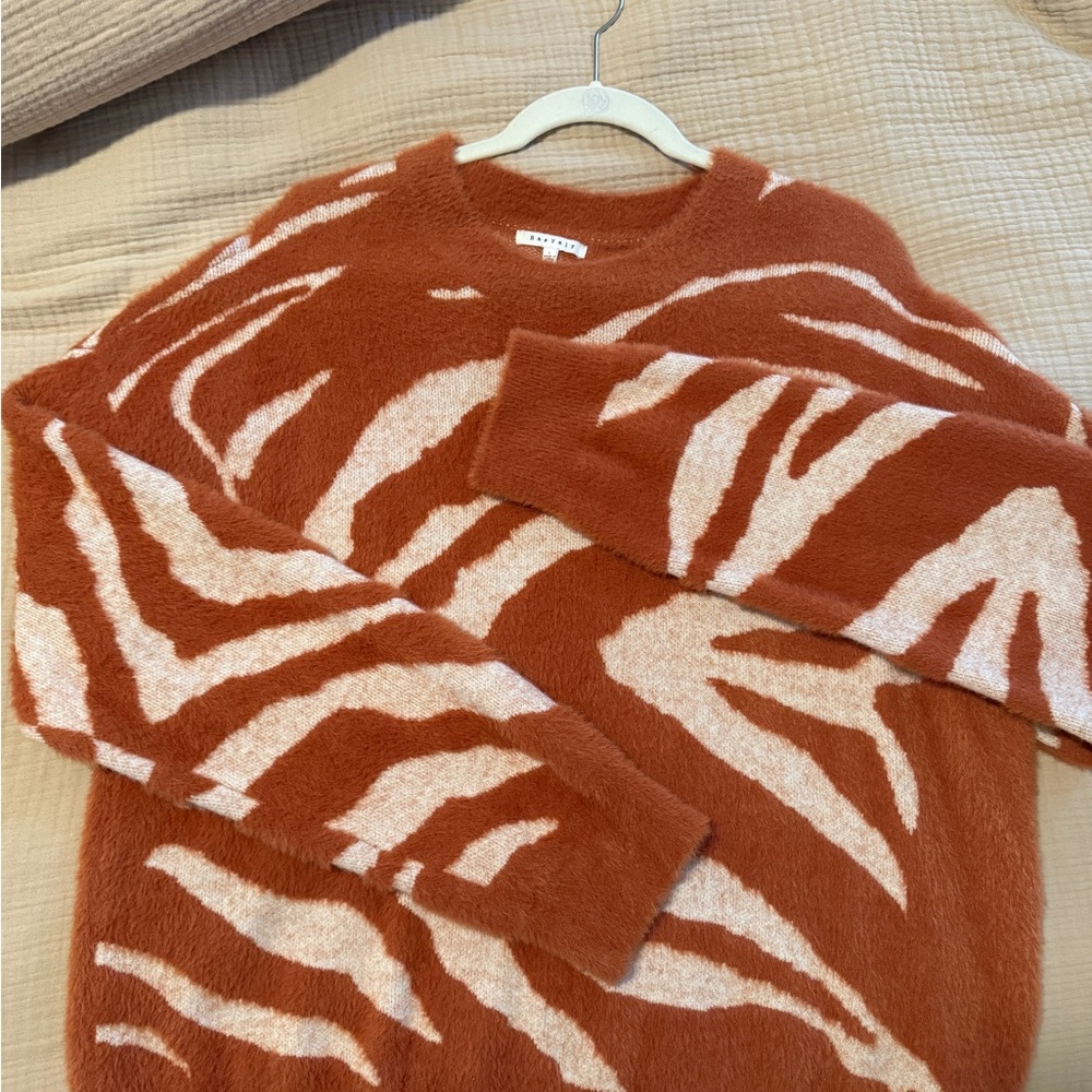 Zebra Patterned Fur Sweater in Rust and Beige